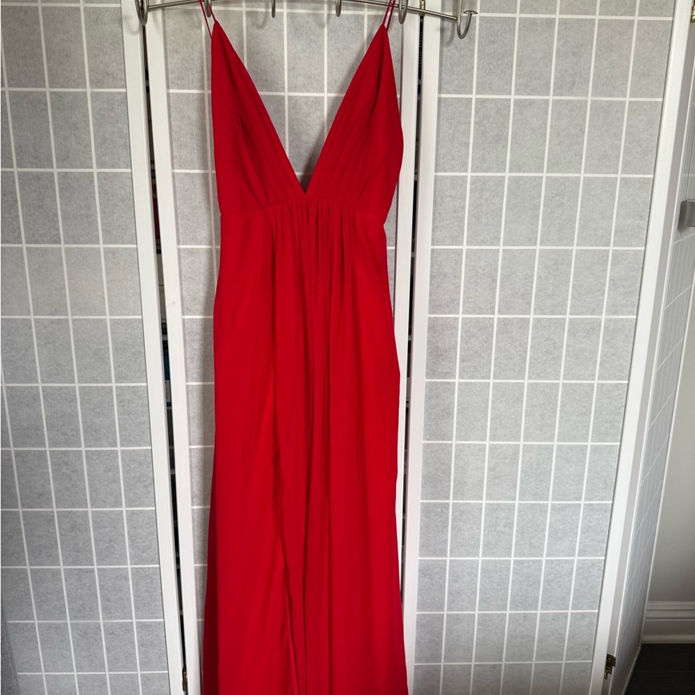 Ria Backless Gown with Plunge Neckline, Red, Small.